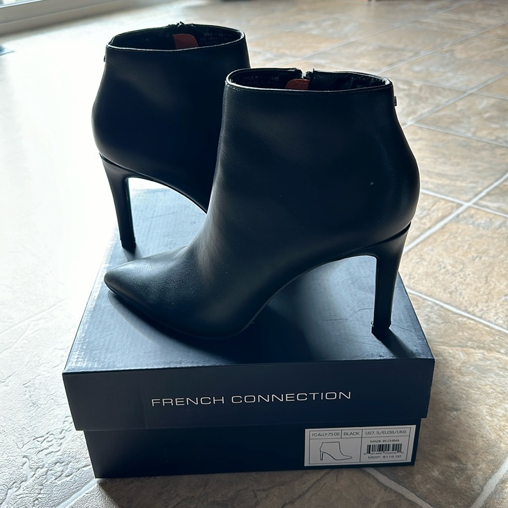 French Connection Black Leather Pointed Toe Ankle Booties